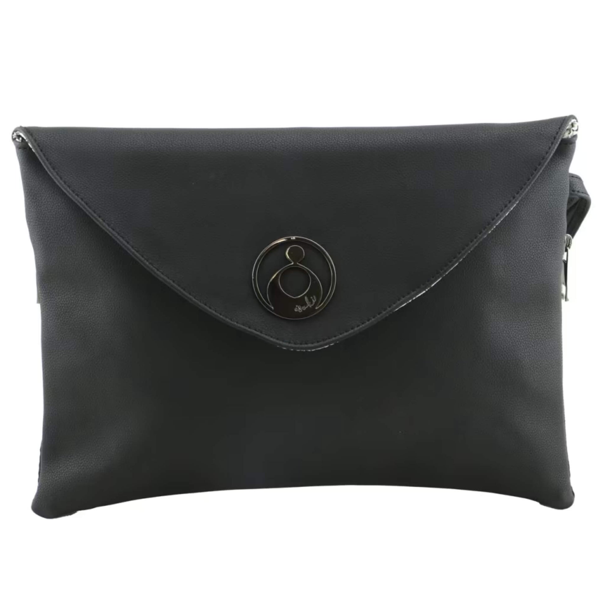 Isoki Windsor Change Mat Clutch in Onyx black made from smooth vegan leather with a gunmetal logo clasp and slim wrist strap.