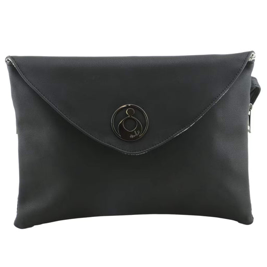 Isoki Windsor Change Mat Clutch in Onyx black made from smooth vegan leather with a gunmetal logo clasp and slim wrist strap.