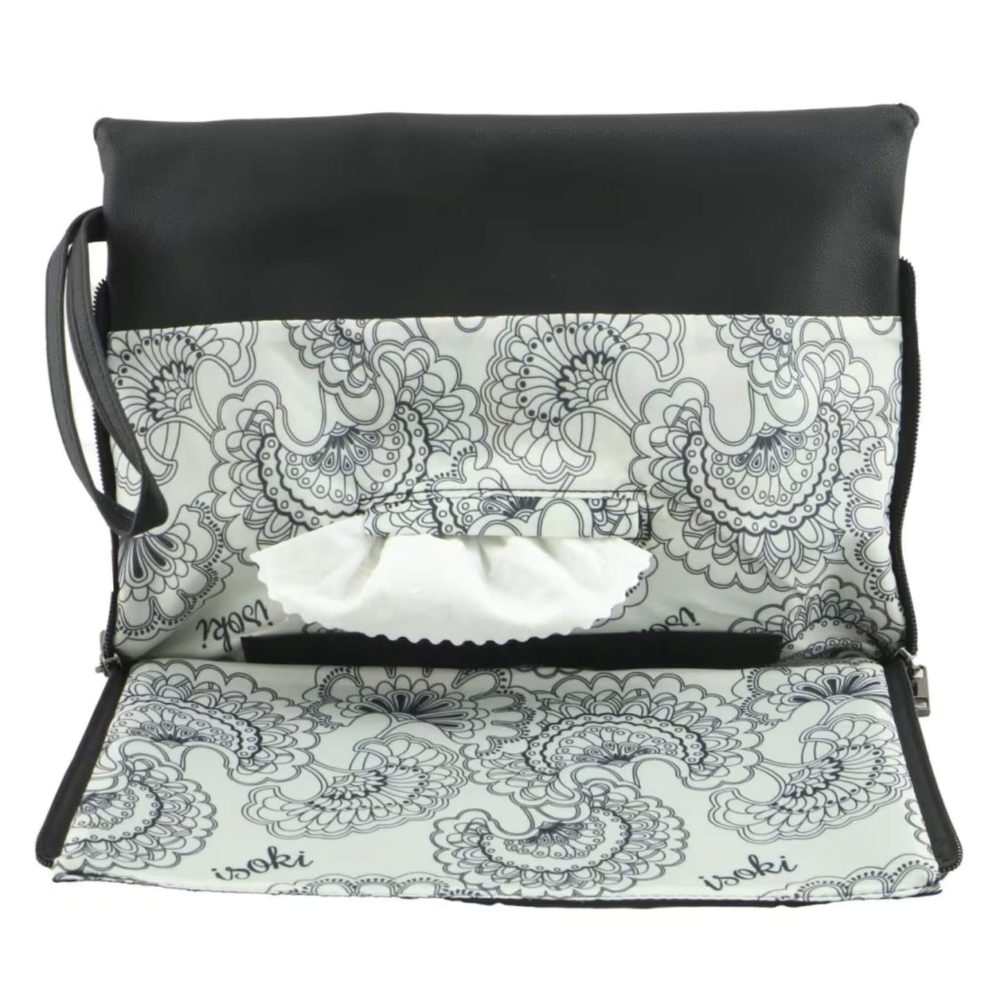 Black baby change mat clutch opened flat, showing the built-in patterned change mat and central wipes access slot.