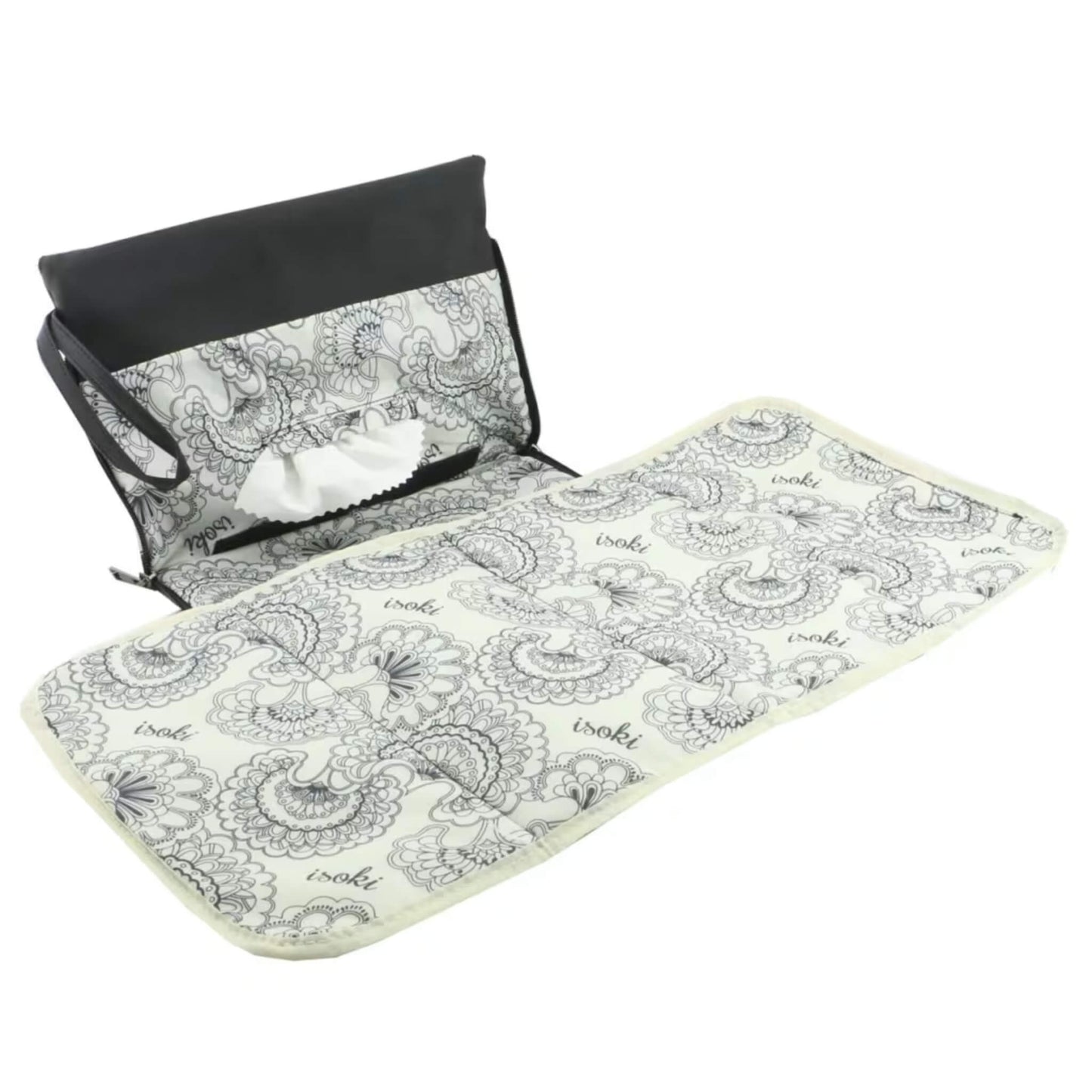 Full view of a baby changing mat fully unfolded, featuring a black and white floral print and softly padded sections for comfort.