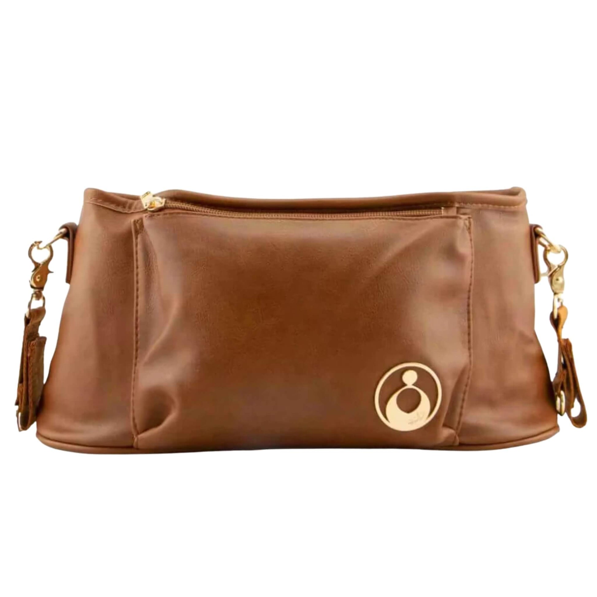 Isoki Tully Stroller Caddy in Amber shown from the front, made from smooth vegan leather with gold hardware and a zipped pocket design.