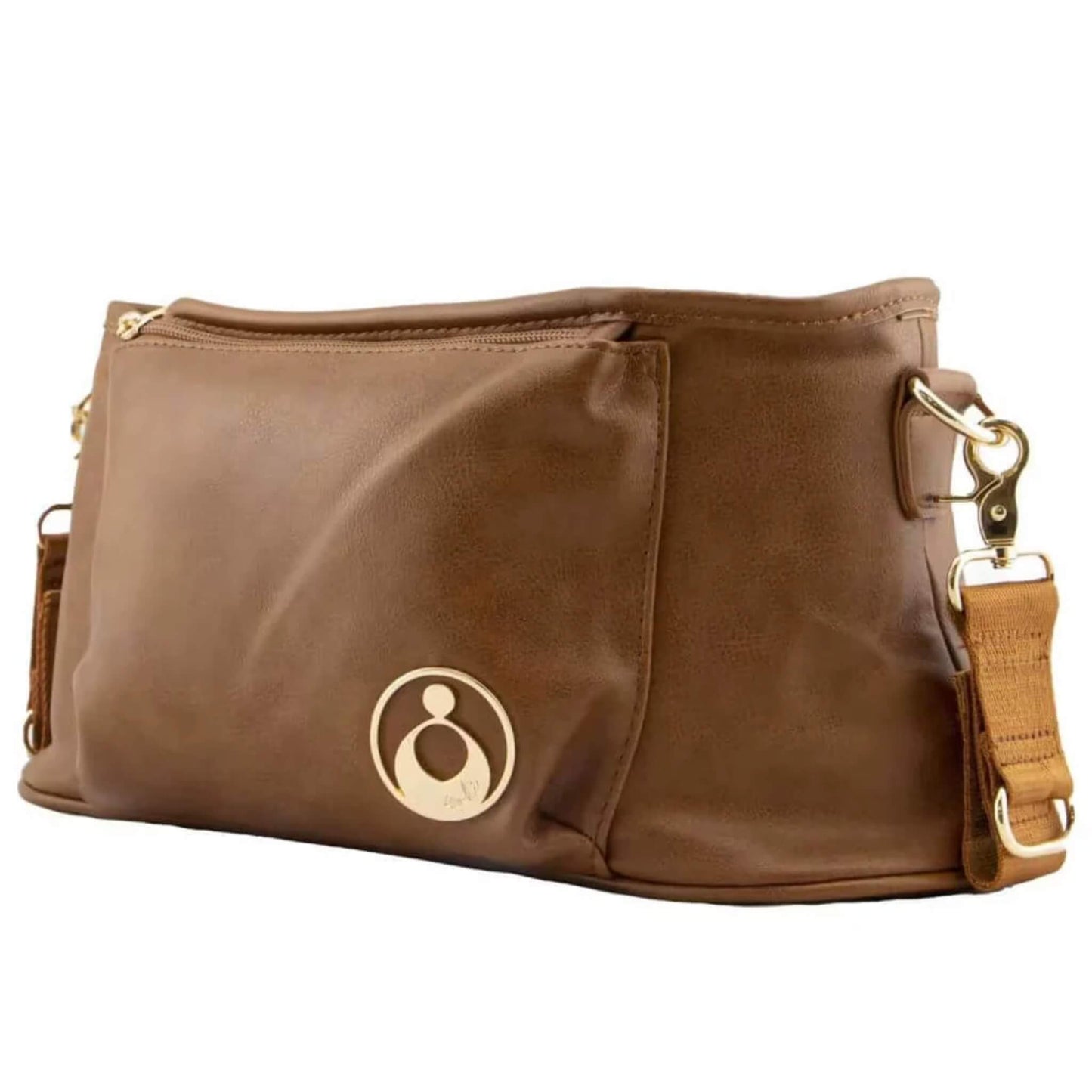 Side-angled view of the stroller caddy showing gold clips, adjustable strap attachments, and the soft vegan leather texture.