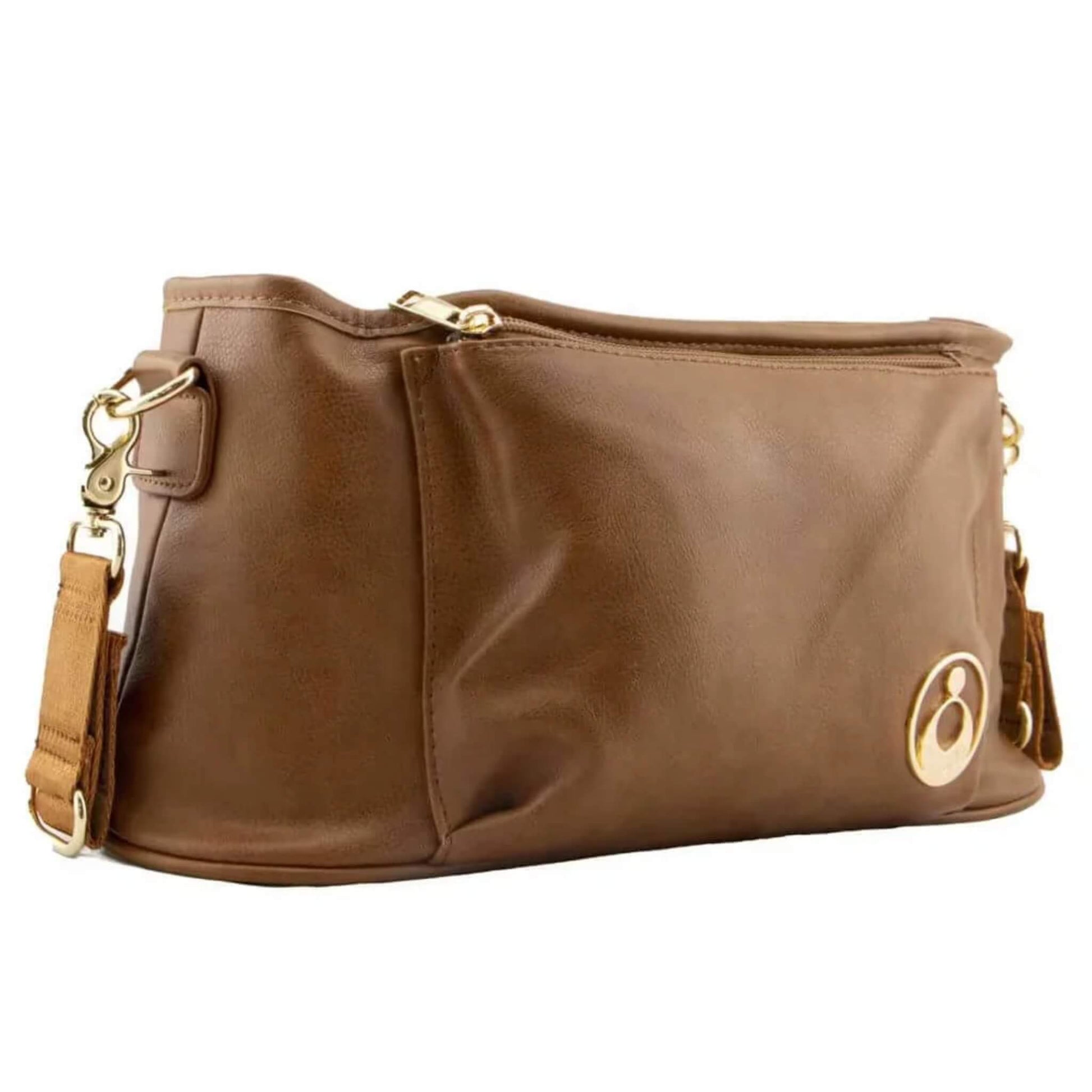 Angled rear view of the Amber stroller caddy highlighting its curved shape, structured base, and subtle stitching detail.