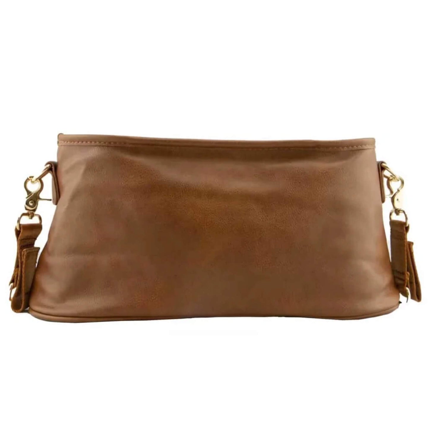 Back view of the stroller caddy displaying smooth vegan leather surface, gold side clips, and slim rectangular profile.