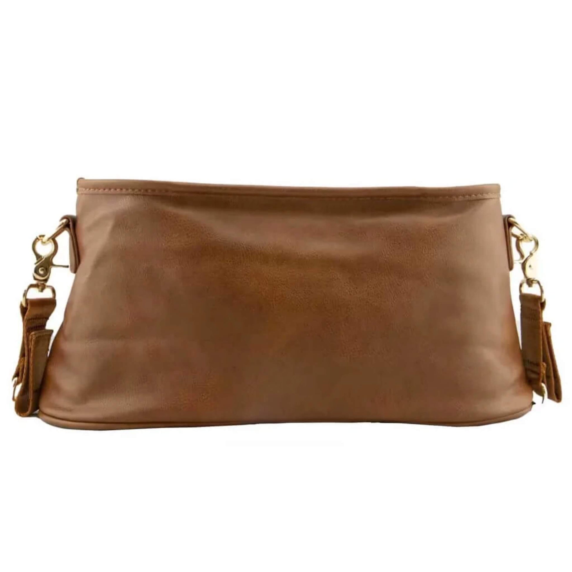 Back view of the stroller caddy displaying smooth vegan leather surface, gold side clips, and slim rectangular profile.