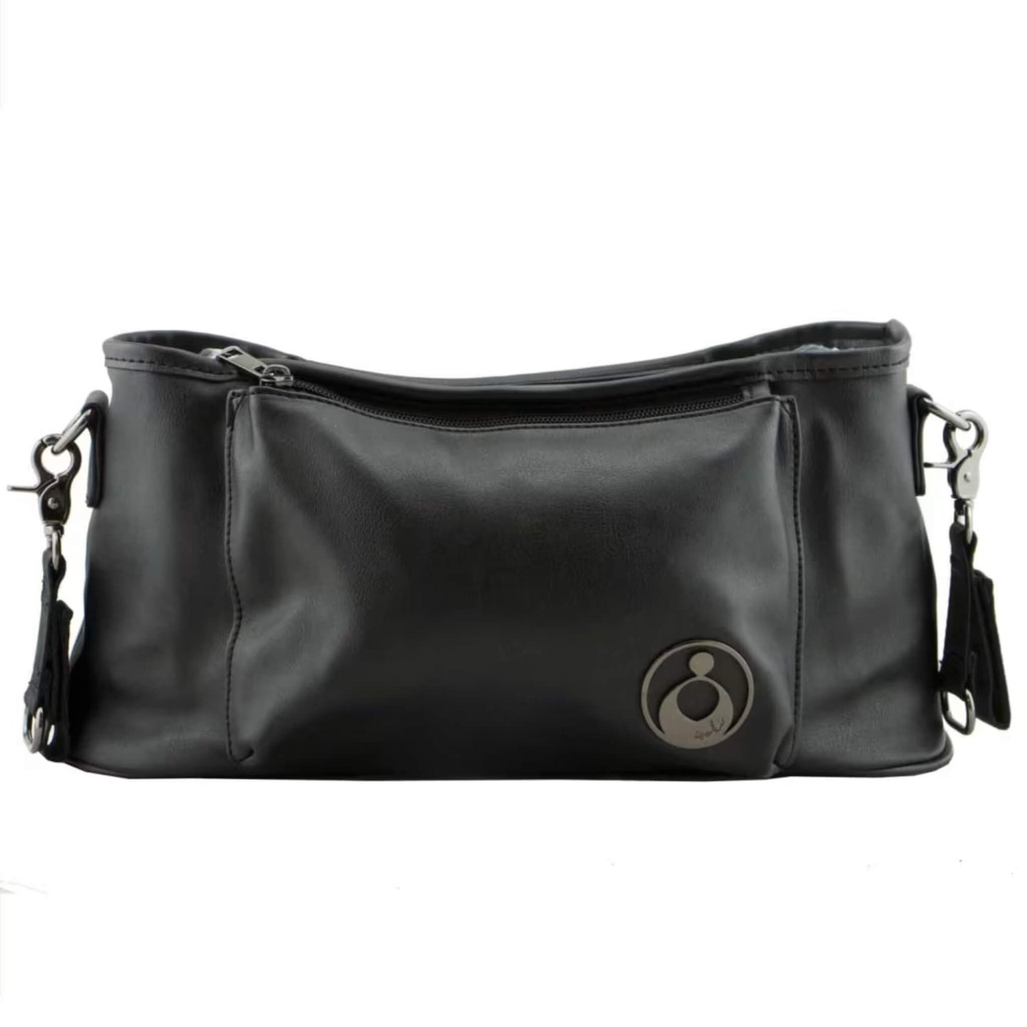 Isoki Tully Stroller Caddy in Onyx shown from the front, featuring smooth black vegan leather, a front zip pocket, and subtle gunmetal hardware.