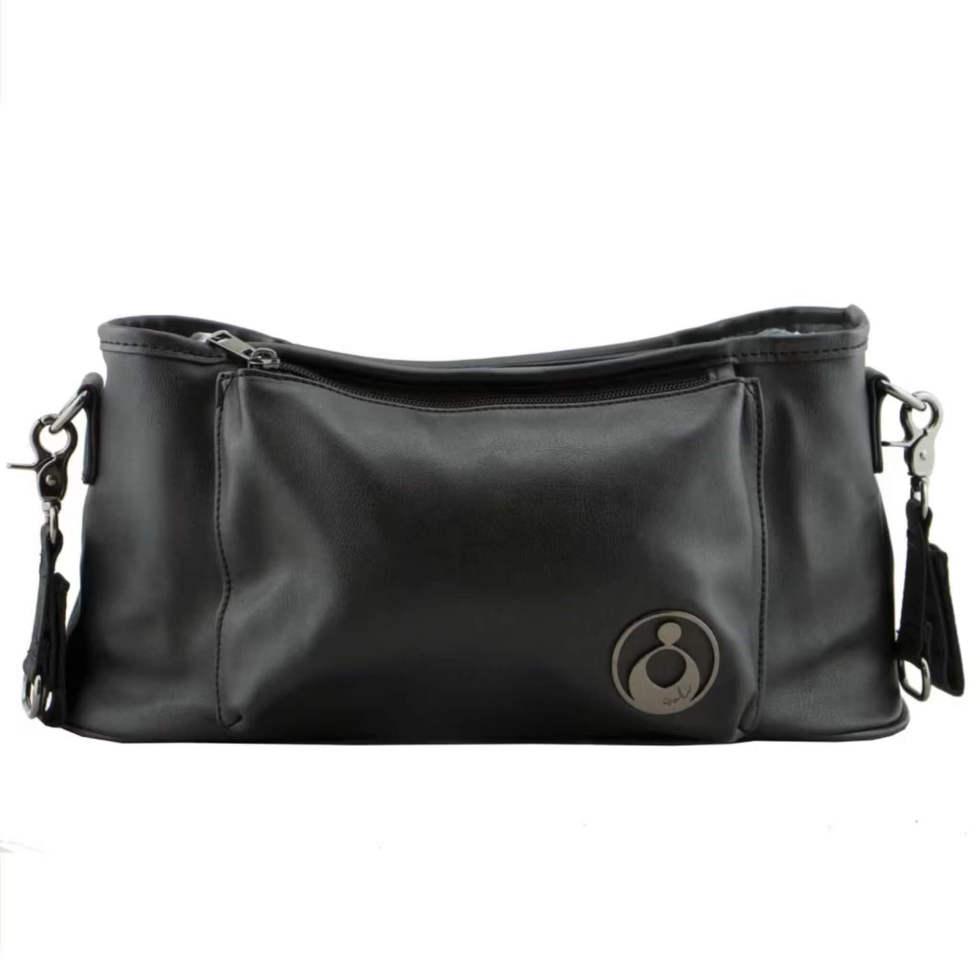 Isoki Tully Stroller Caddy in Onyx shown from the front, featuring smooth black vegan leather, a front zip pocket, and subtle gunmetal hardware.