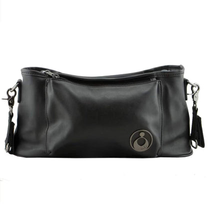 Isoki Tully Stroller Caddy in Onyx shown from the front, featuring smooth black vegan leather, a front zip pocket, and subtle gunmetal hardware.