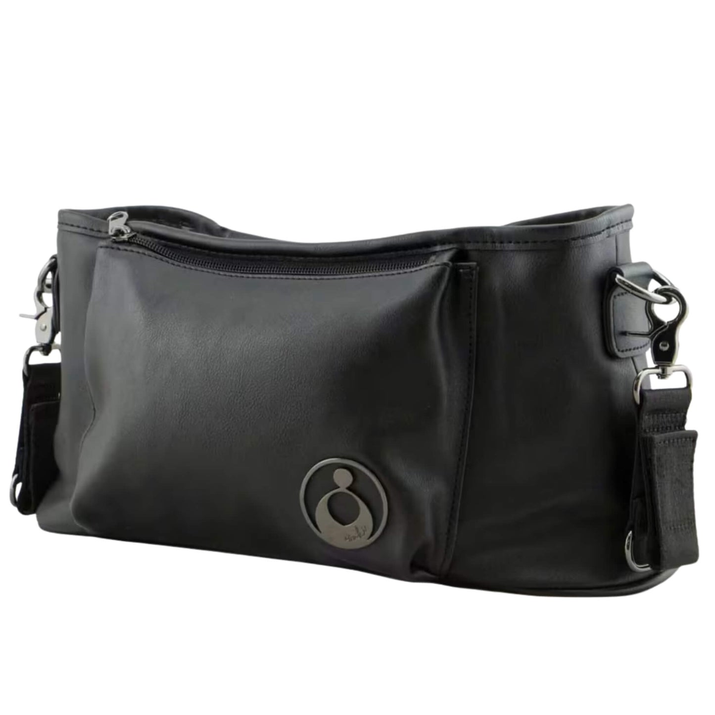 Side-angled view of a stroller caddy showing the structured shape, adjustable strap clips, and soft leather-like texture.