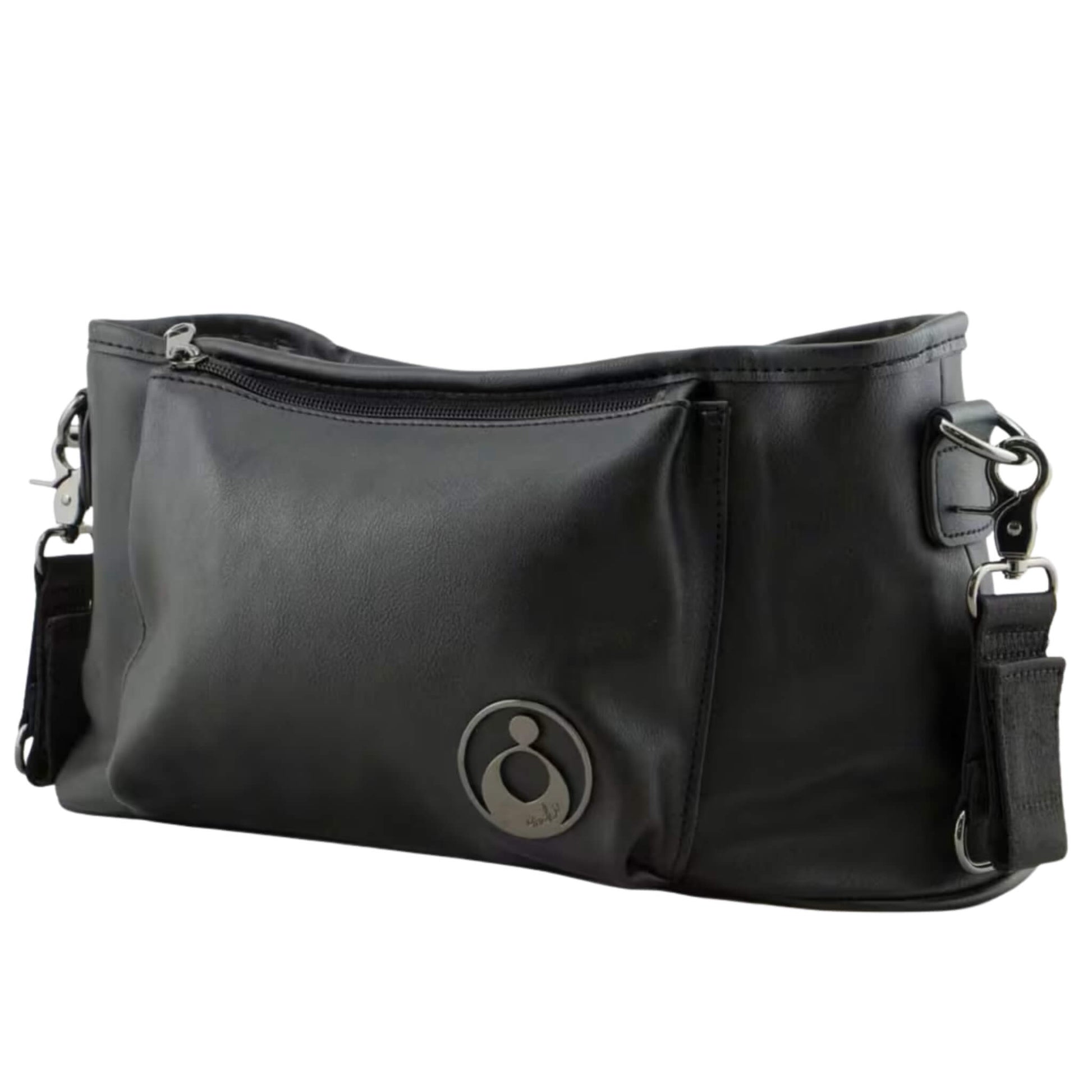 Side-angled view of a stroller caddy showing the structured shape, adjustable strap clips, and soft leather-like texture.