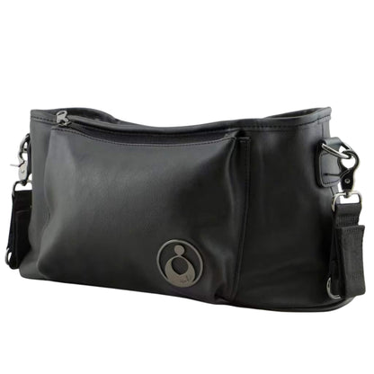 Side-angled view of a stroller caddy showing the structured shape, adjustable strap clips, and soft leather-like texture.