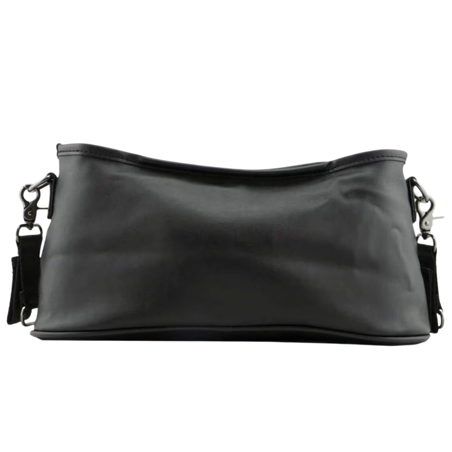 Rear view of a black stroller caddy highlighting its sleek curved profile, clean stitching, and minimal design.