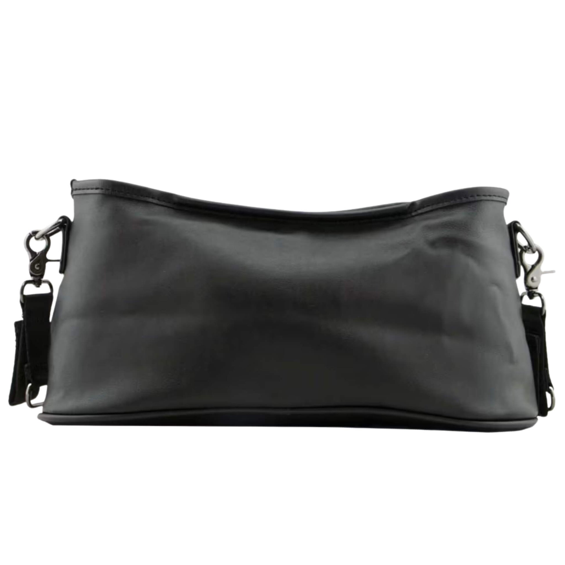 Rear view of a black stroller caddy highlighting its sleek curved profile, clean stitching, and minimal design.