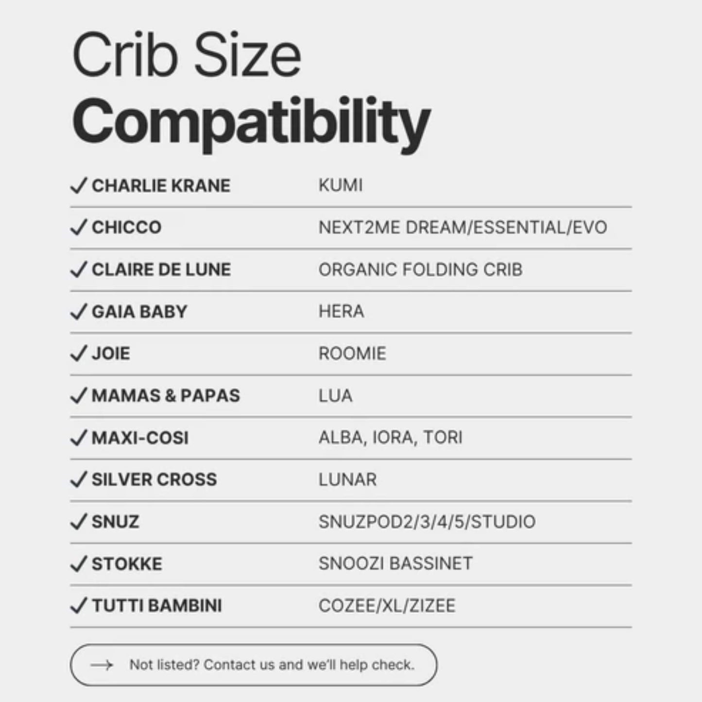 A printed crib size compatibility chart listing popular Moses basket, crib, cot, and cot bed models that the fitted sheet is designed to fit.