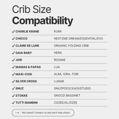 A printed crib size compatibility chart listing popular Moses basket, crib, cot, and cot bed models that the fitted sheet is designed to fit.