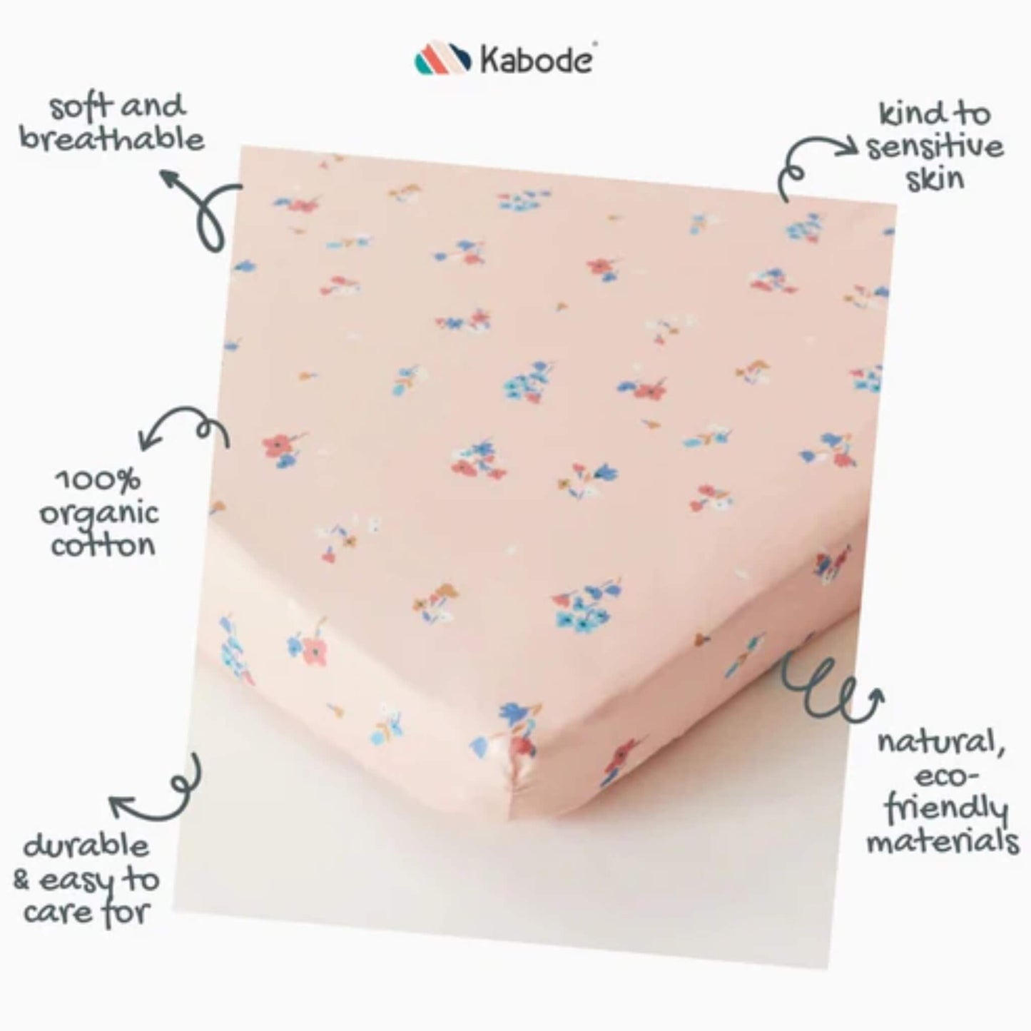 An annotated product image highlighting organic cotton fabric, breathable design, durability, and suitability for sensitive skin using handwritten-style callouts.