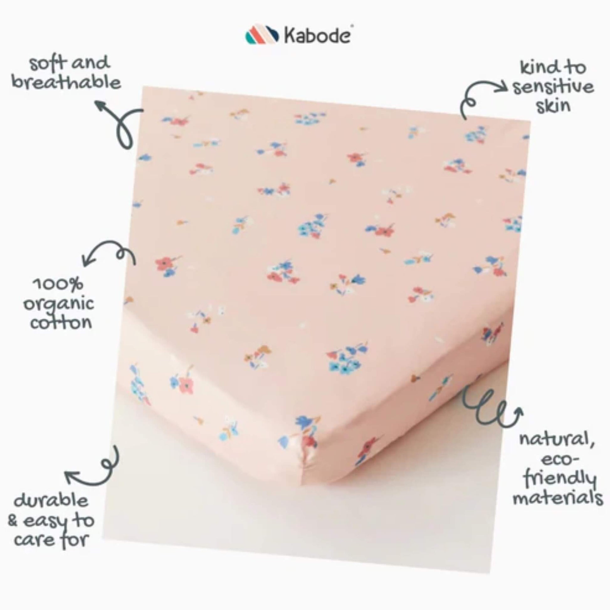 An annotated product image highlighting organic cotton fabric, breathable design, durability, and suitability for sensitive skin using handwritten-style callouts.