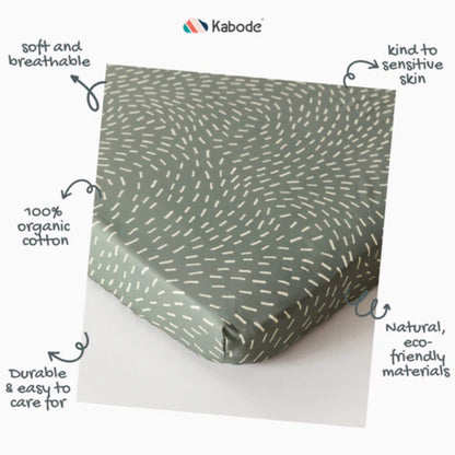 Product feature graphic showing Kabode fitted sheet with labels highlighting soft and breathable fabric, organic cotton, and easy-care materials.