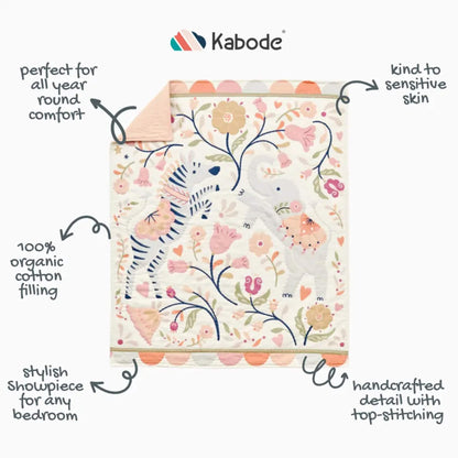 An illustrated product image highlighting key features of a child sized quilt, including organic cotton filling, gentle all-year comfort, and decorative top stitching.