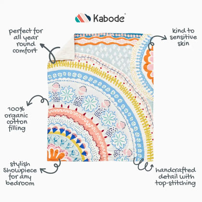 A full view of a floral-patterned quilt laid flat, highlighting layered curved designs, repeating floral shapes, and top-stitched edging.