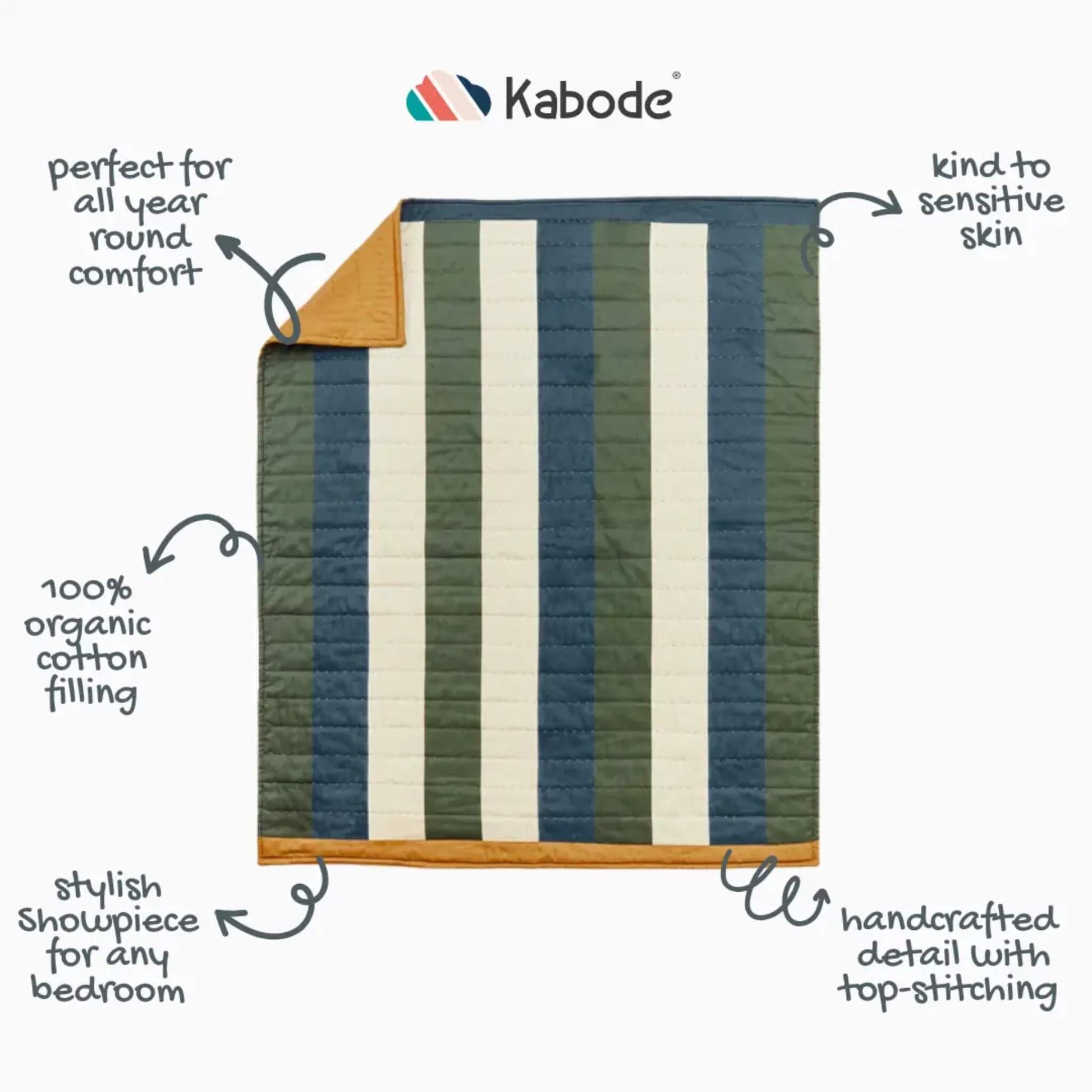 A full view of a striped quilt laid flat, showing alternating blue, green, and cream panels with top-stitched construction and an ochre trim.
