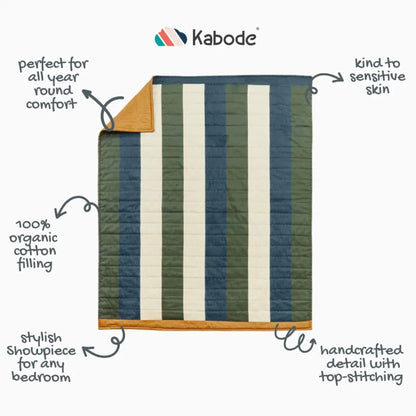 A full view of a striped quilt laid flat, showing alternating blue, green, and cream panels with top-stitched construction and an ochre trim.