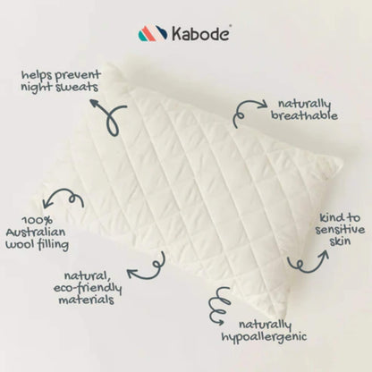Quilted wool-filled pillow with illustrated notes highlighting breathable, hypoallergenic and temperature-regulating natural materials.