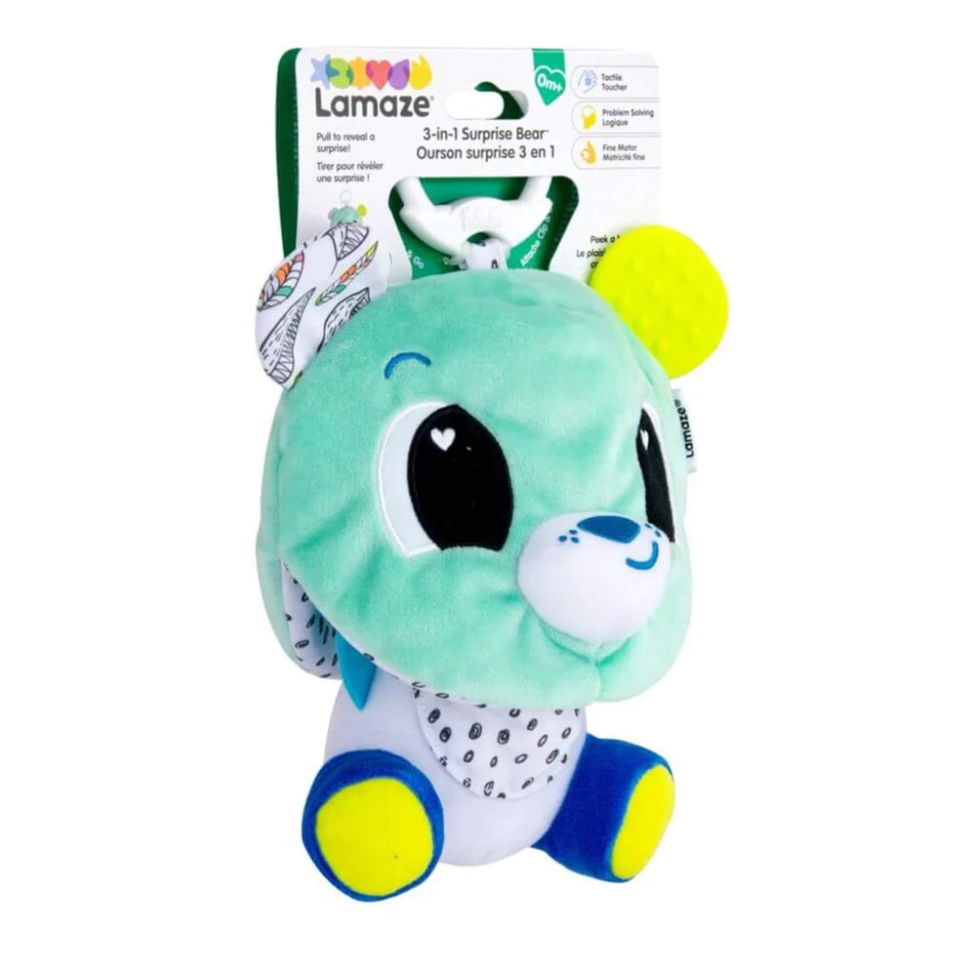 Lamaze 3-in-1 Surprise Bear Clip & Go plush baby toy with mint-green bear face, textured yellow teething ear, patterned details, and white clip for strollers or carriers.