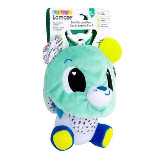 Lamaze 3-in-1 Surprise Bear Clip & Go plush baby toy with mint-green bear face, textured yellow teething ear, patterned details, and white clip for strollers or carriers.