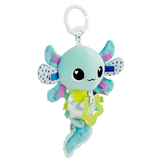 Lamaze Alise the Axolotl Clip & Go plush baby toy in aqua blue with textured fins, colourful ribbons, star teether, and white clip for strollers or carriers.