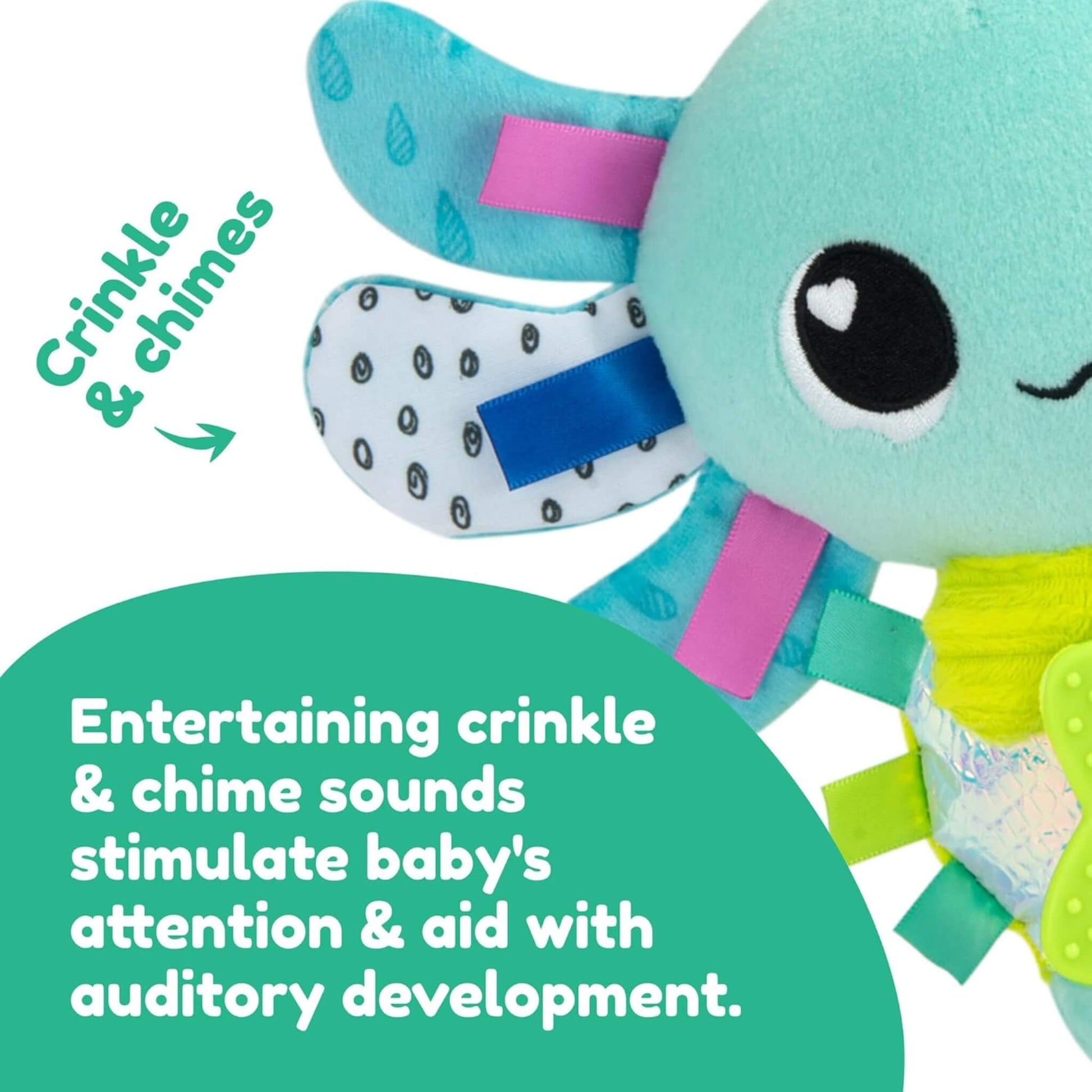 Close-up of plush axolotl toy showing patterned fins, colourful ribbon tags, and printed text highlighting crinkle and chime sound features.