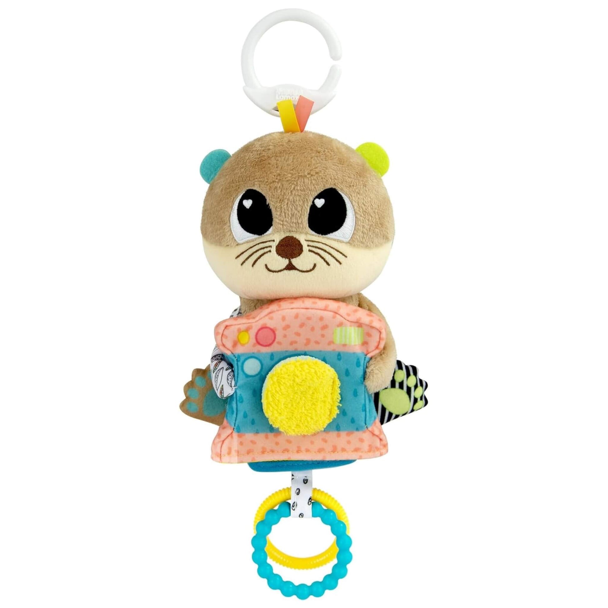 Lamaze Arty Says Cheese Otter baby toy featuring a plush otter holding a colourful camera with textured fabrics, rings and a clip for prams or play gyms.