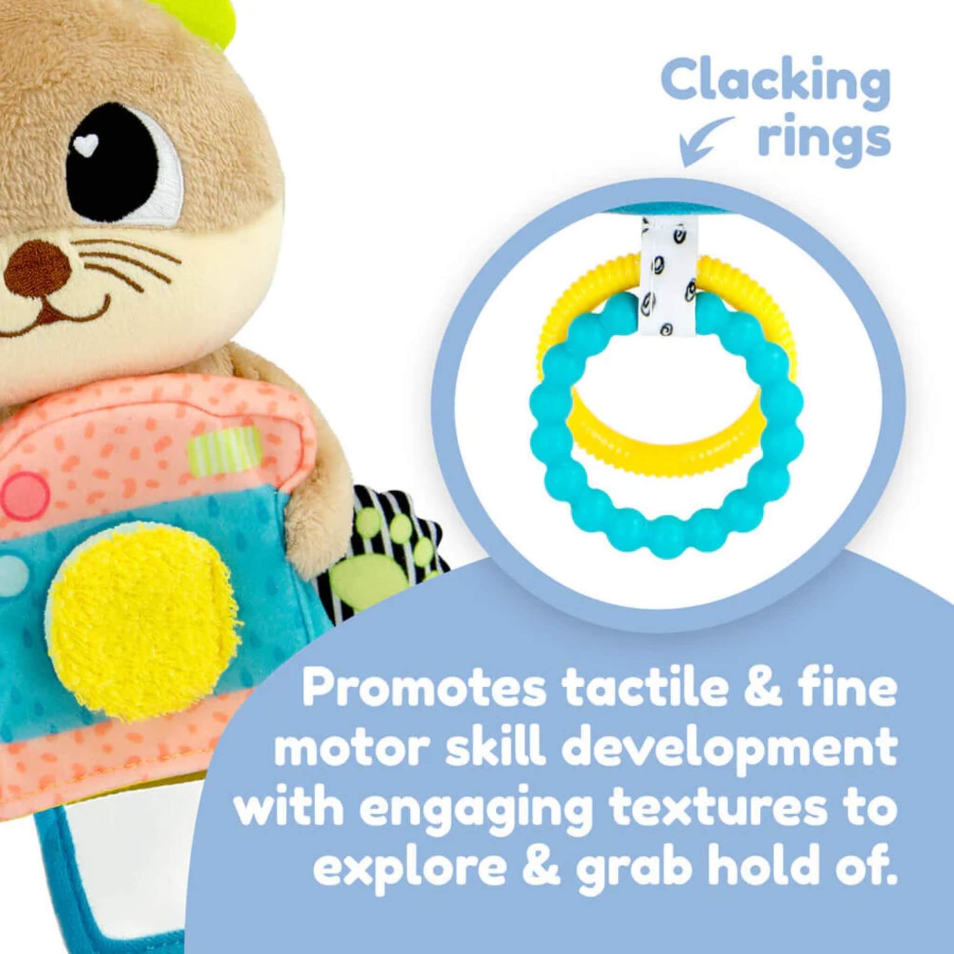 Pair of blue and yellow textured rings attached beneath a soft baby toy, designed for grasping and tactile development.