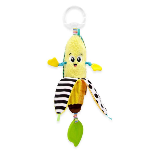 Lamaze Bea the Banana baby toy with bright yellow plush body, black-and-white patterned peel, chewy green leaf, and on-the-go clip for prams.