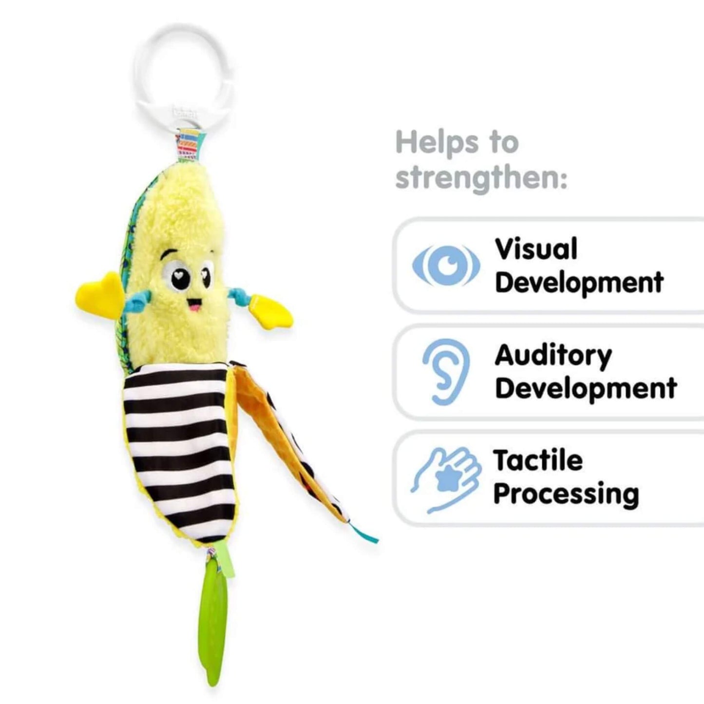 Yellow baby toy with open peel beside icons for visual, auditory, and tactile development benefits.