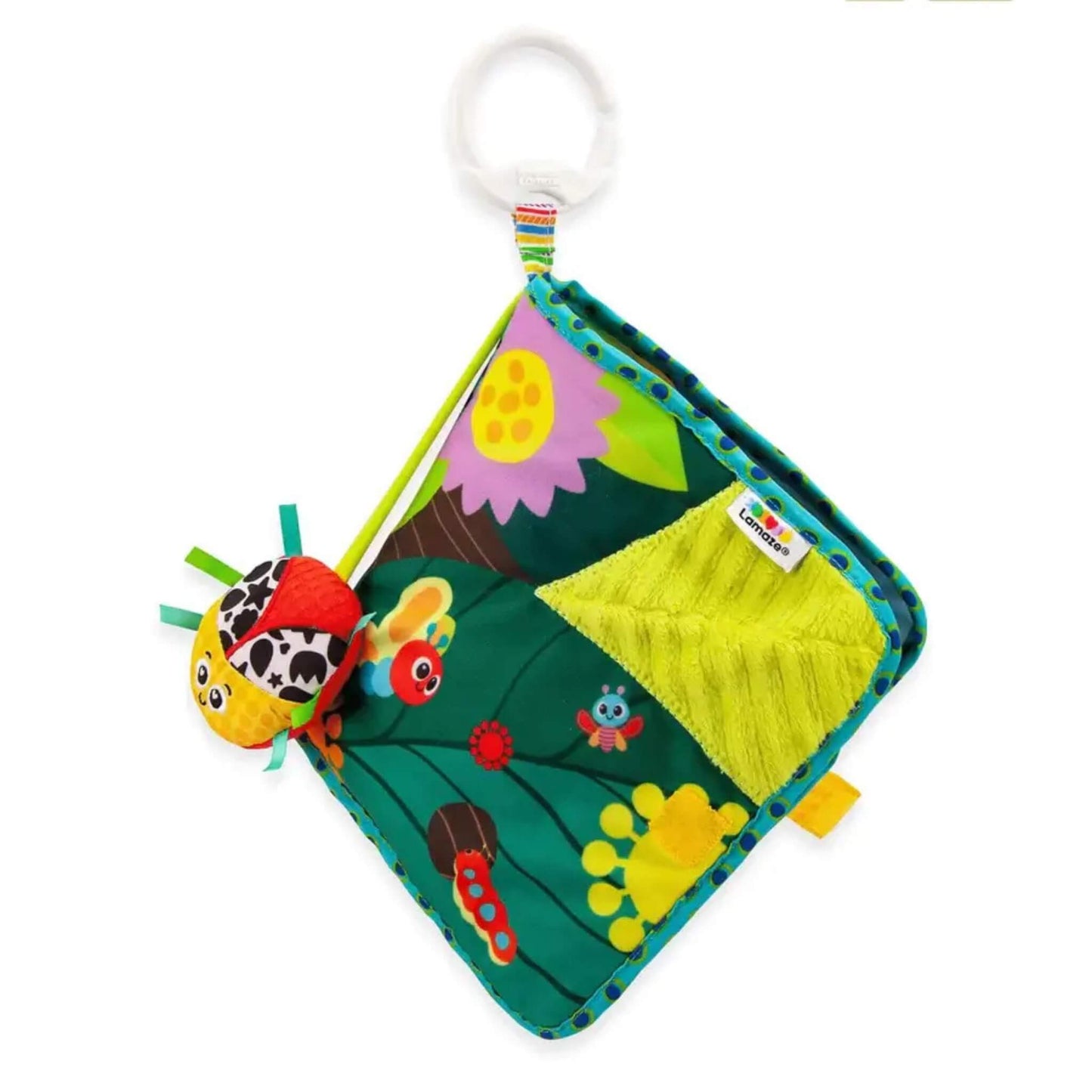 Lamaze Bitty Bug’s Day soft baby book featuring a colourful garden scene, smiling ladybird toy attached by a green ribbon, and a soft crinkly leaf flap for tactile play.
