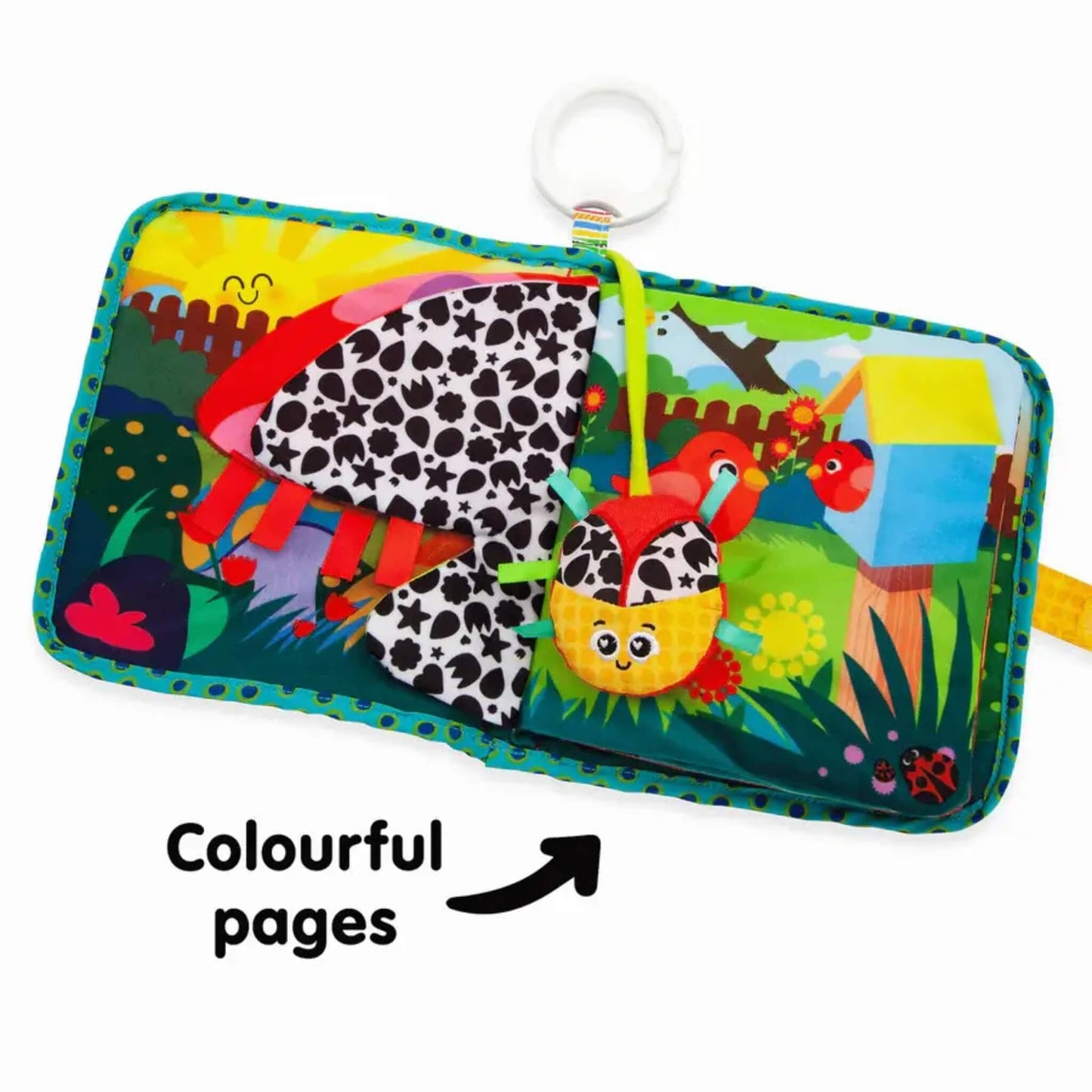 Open soft baby book showing two colourful pages with a black-and-white patterned flap and a cheerful bug character.