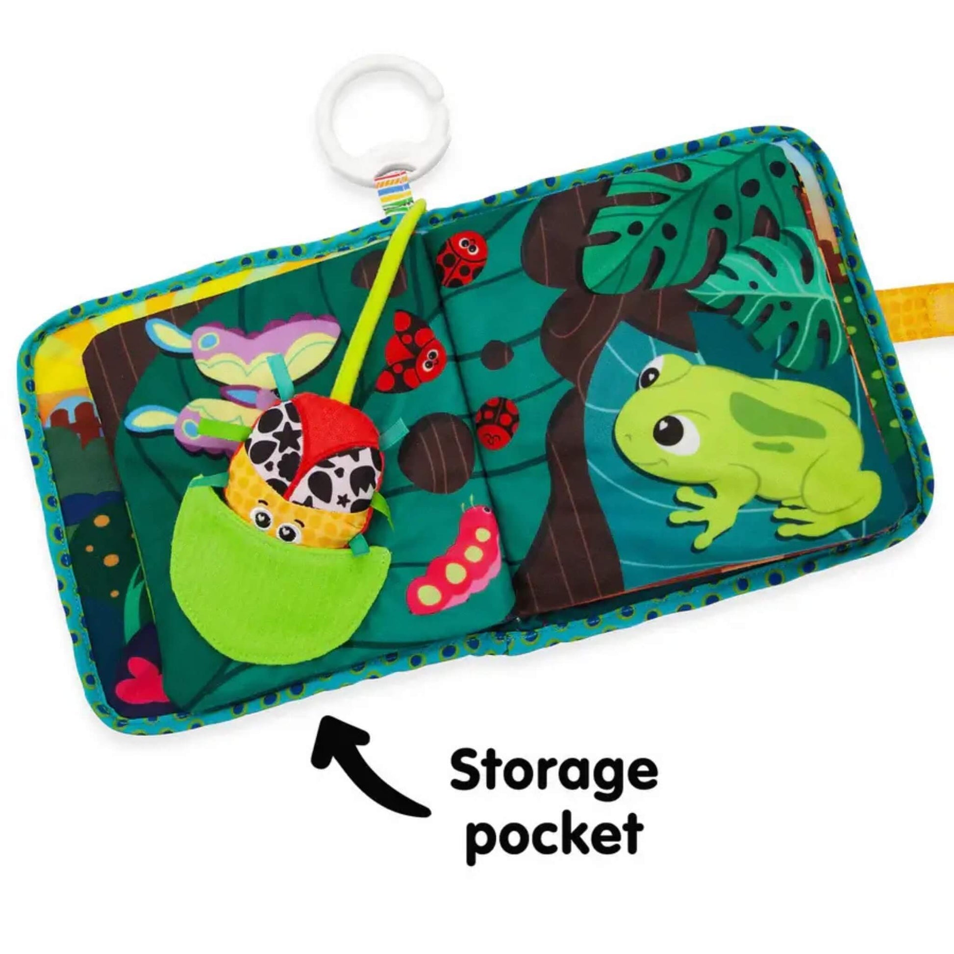 Open baby cloth book featuring a frog and butterfly illustration with a green pocket for hiding the ladybird toy.