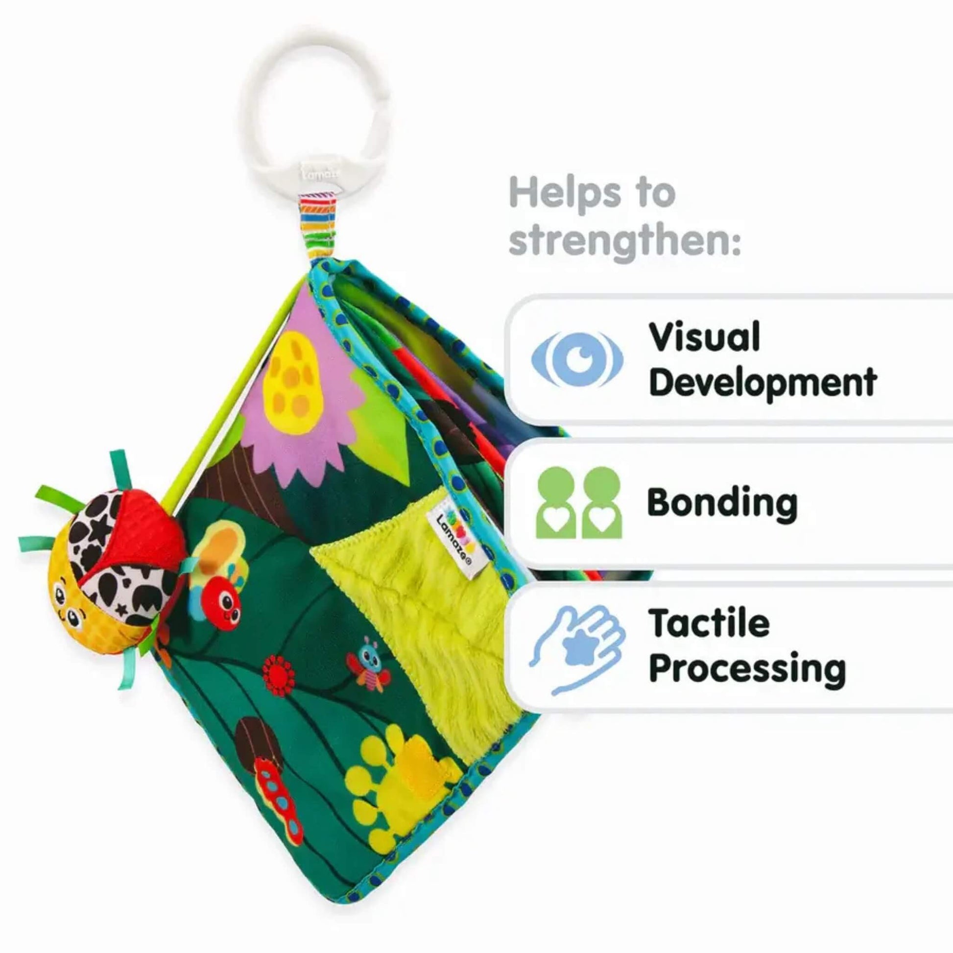 Fabric baby book shown with icons highlighting benefits for visual development, bonding, and tactile processing.