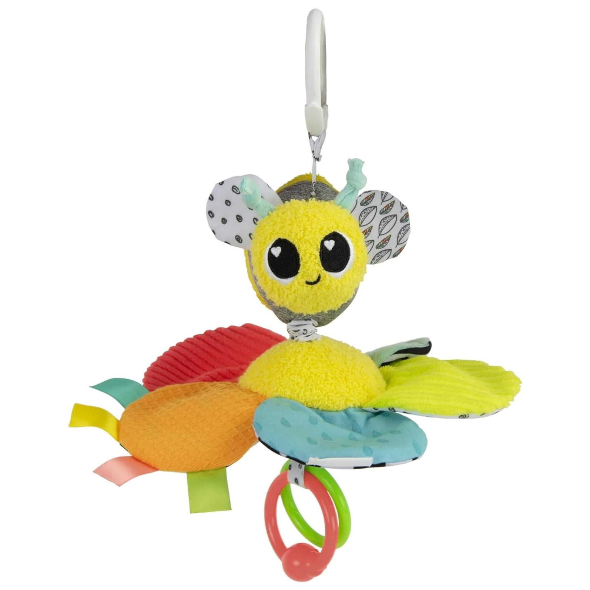 Lamaze Buzzy the Bee baby toy with soft textured petals, cheerful eyes, and an easy-attach clip for prams or play gyms.