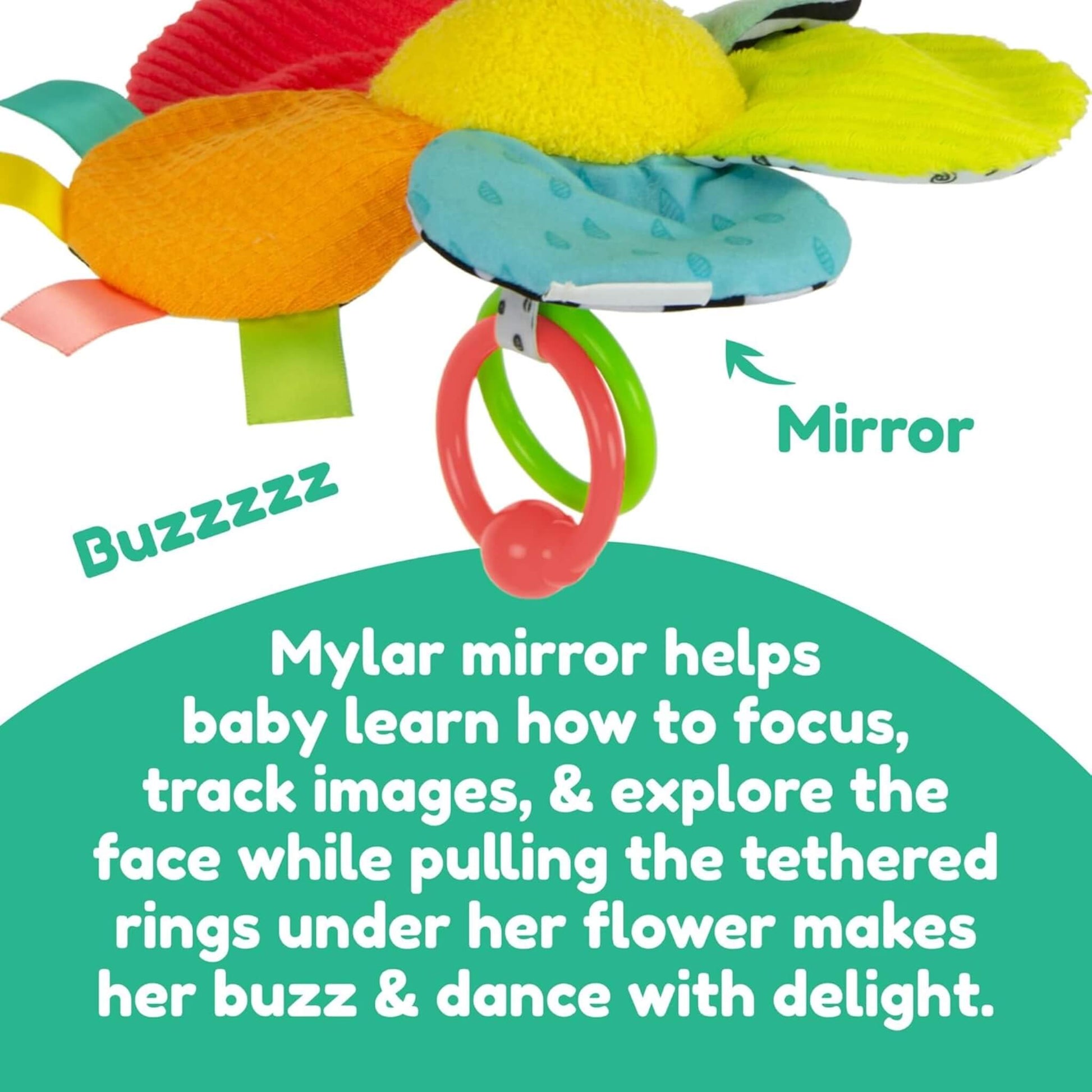 Close-up of colourful textured petals and mirror beneath the toy with green and pink rings attached.