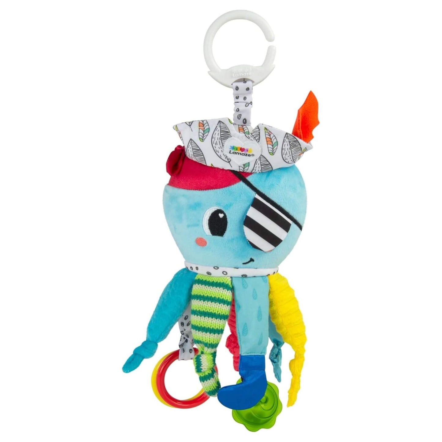 Lamaze Captain Calamari shown as a soft hanging activity toy with a bright blue character face, patterned hat, and multiple textured legs with rings and crinkles.