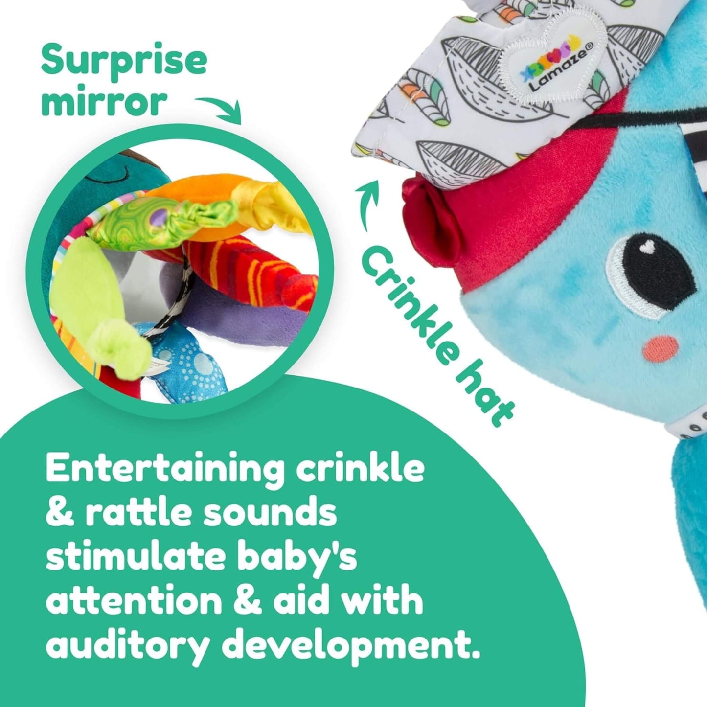 A close-up view of a soft character toy showing a small mirror surrounded by colourful fabric legs and a patterned crinkle hat.