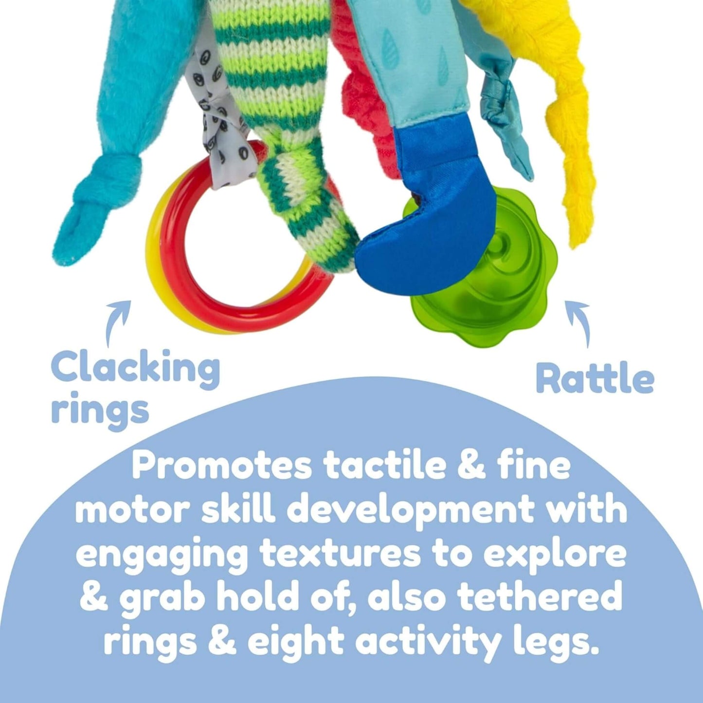 A close-up of fabric legs on an activity toy featuring striped textures, tethered clacking rings, and a green rattle piece.