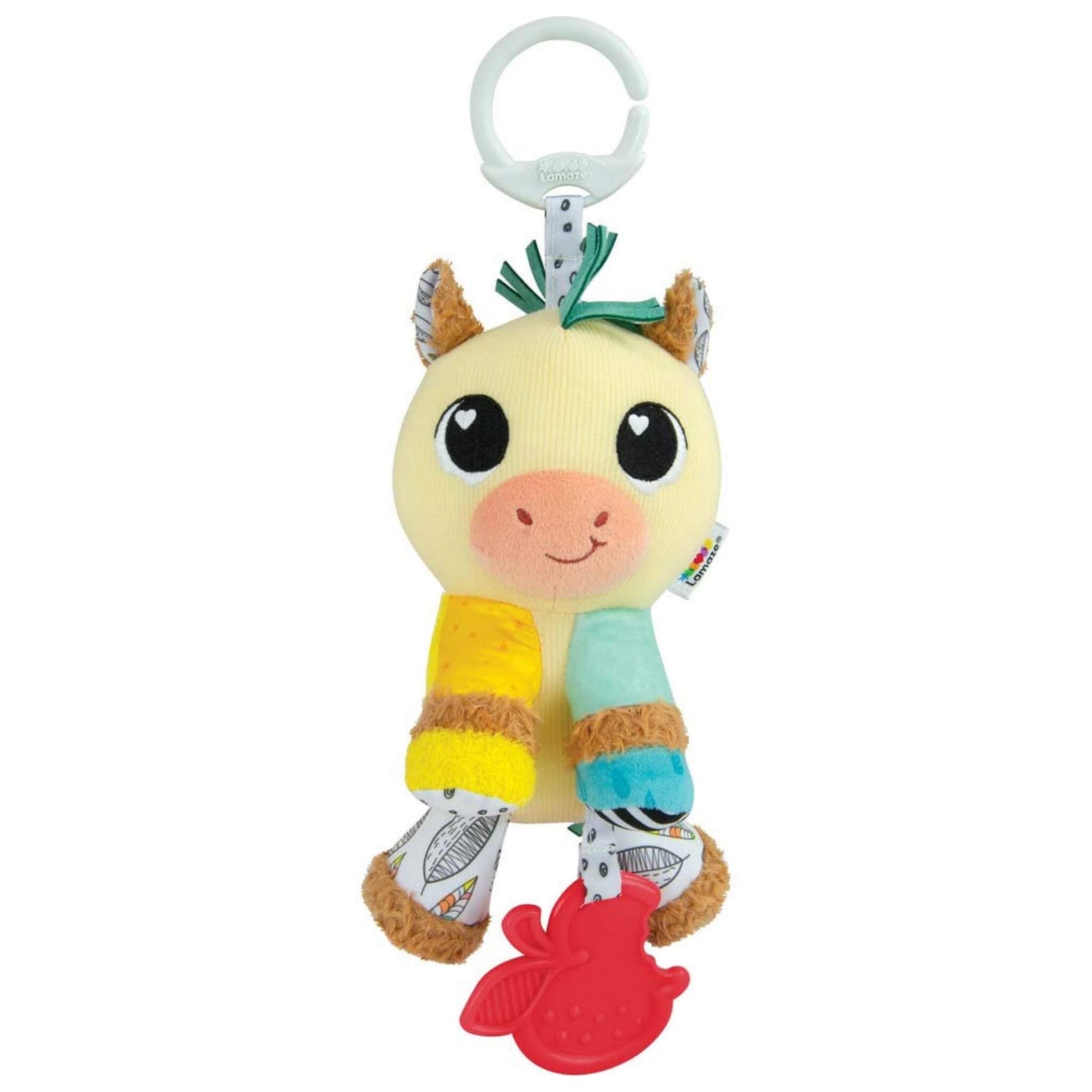 Lamaze Carson Clydesdale baby toy featuring a soft plush horse design with bright textured legs, patterned hooves, and a red apple-shaped teether.