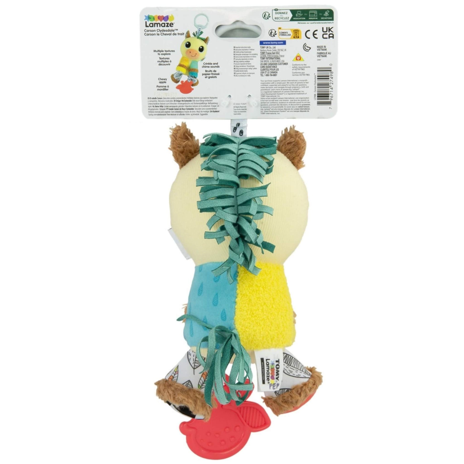 Back view of plush horse baby toy showing colourful mane, tail ribbons, and textured fabric panels.