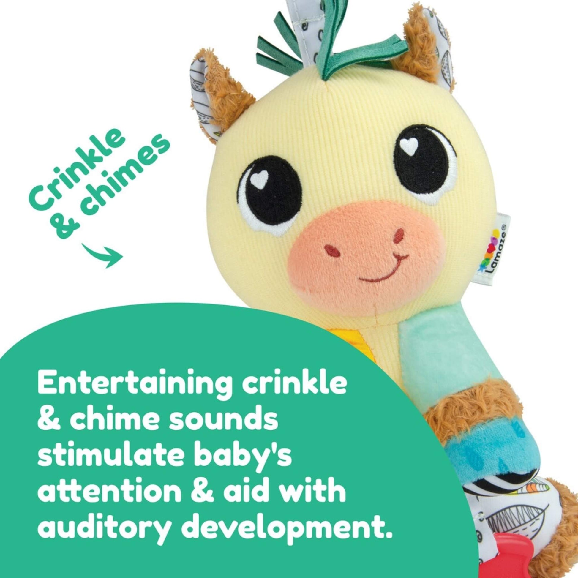 Close-up of plush horse face highlighting crinkle and chime feature for sensory play.