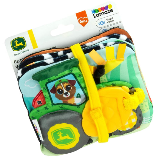 Lamaze Farm to Table Journey Book baby sensory book with John Deere tractor teether, bright farm illustrations and textured pages for early development.