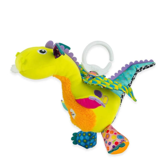 Lamaze Flip Flap Dragon baby toy with bright colours, patterned wings and an on-the-go clip for prams or play gyms.