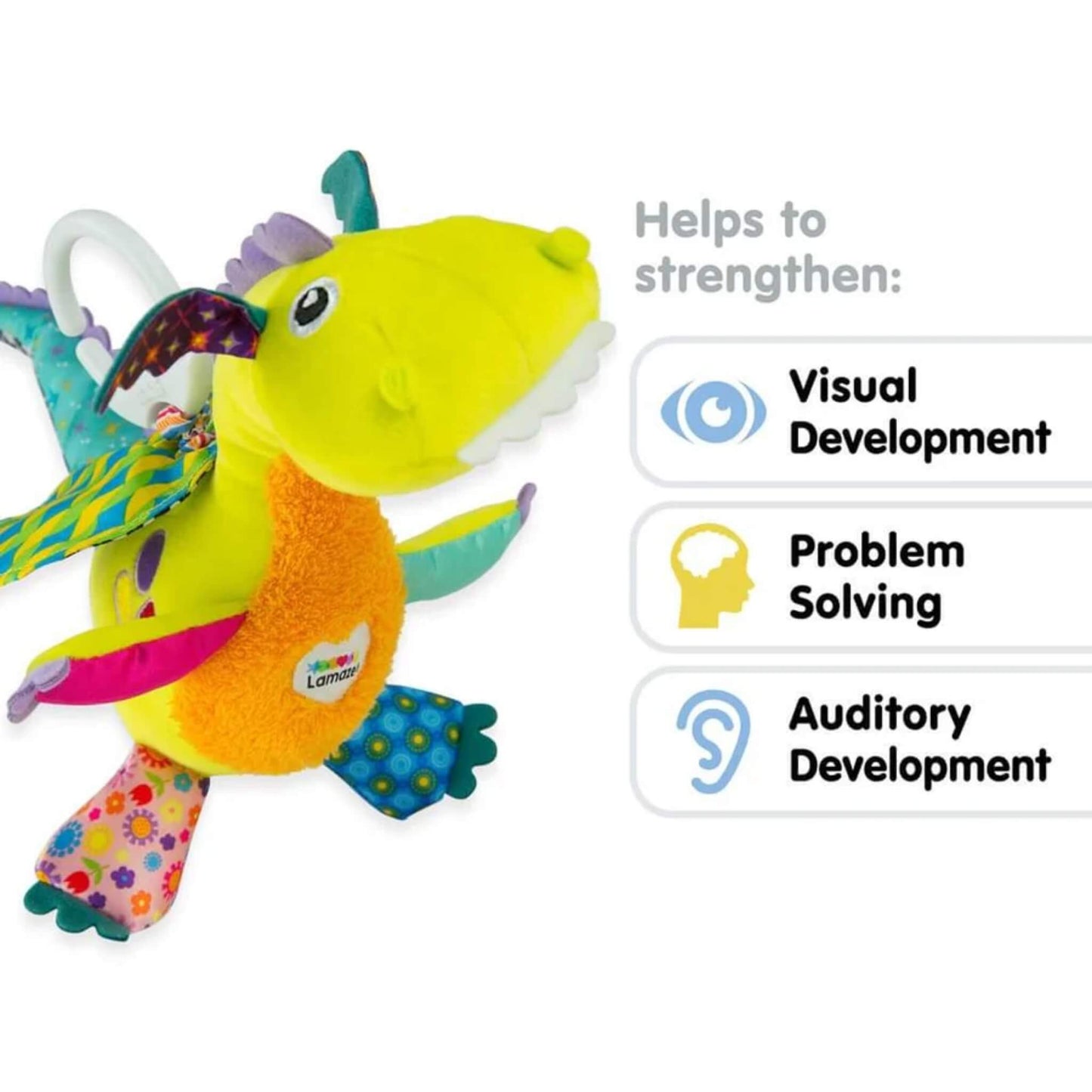 Close-up of soft dragon toy showing benefits for visual, auditory and problem-solving development.